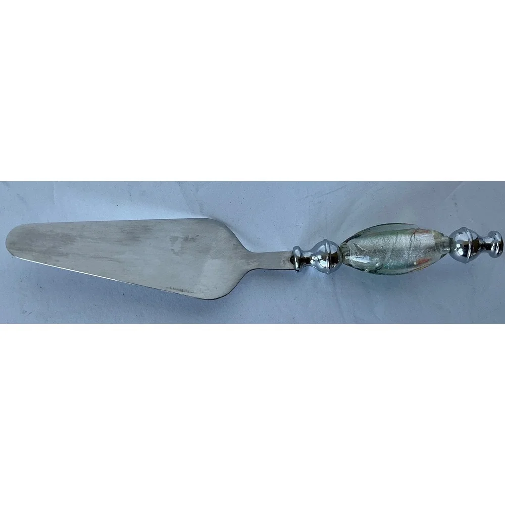 Cake Server Murano Style Art Glass‎ Handle Silver Swirl 9.5in Elegant